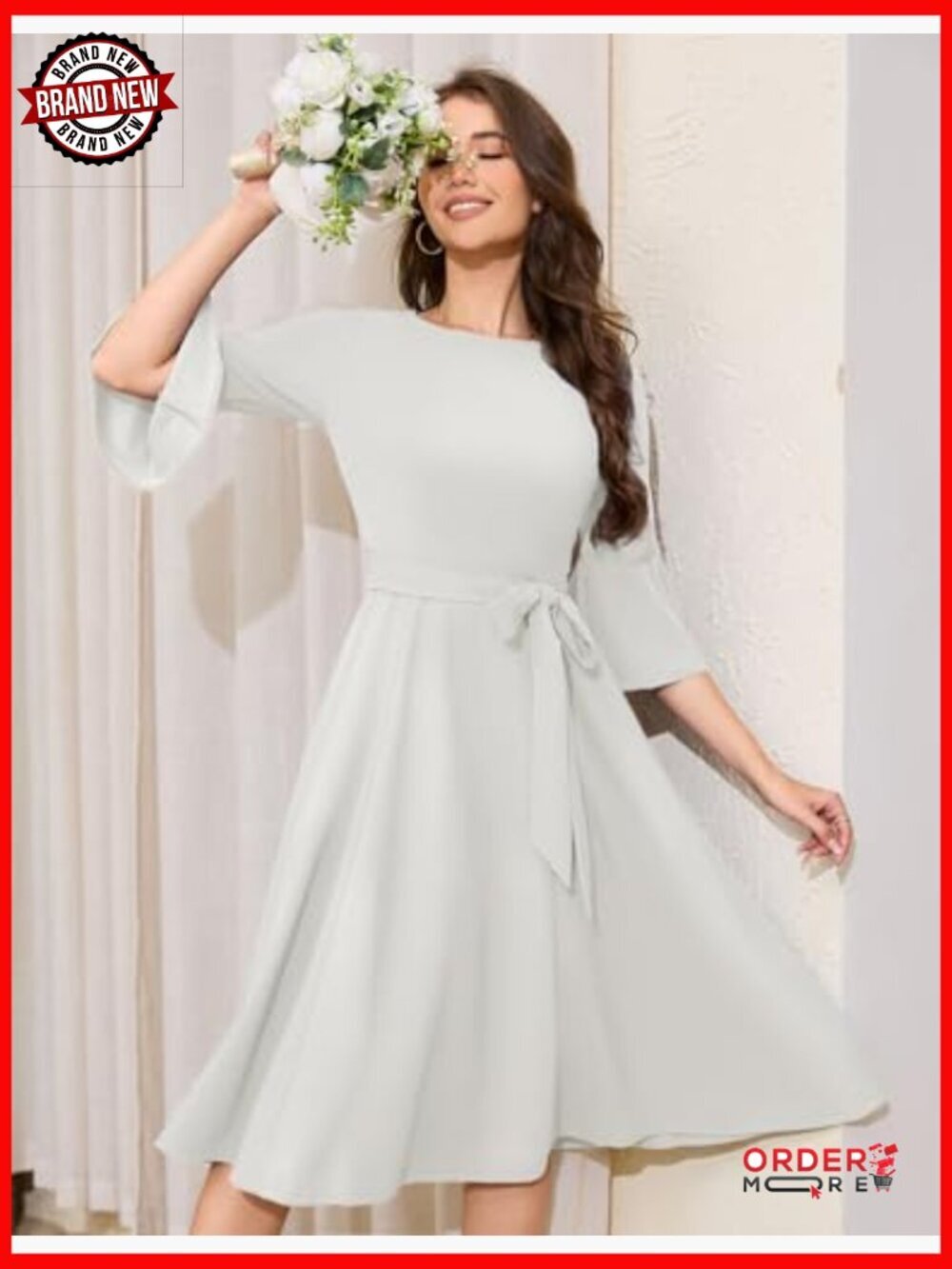 Modest Bell Sleeve Vintage A-Line Midi Dress with Belt - Picture 4 of 7